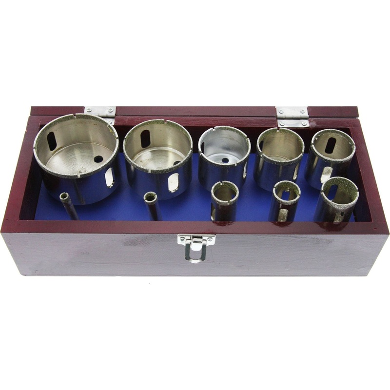 Stone Diamond Hole Saw Set – 80 Grit, Wood Box, 10 Pc