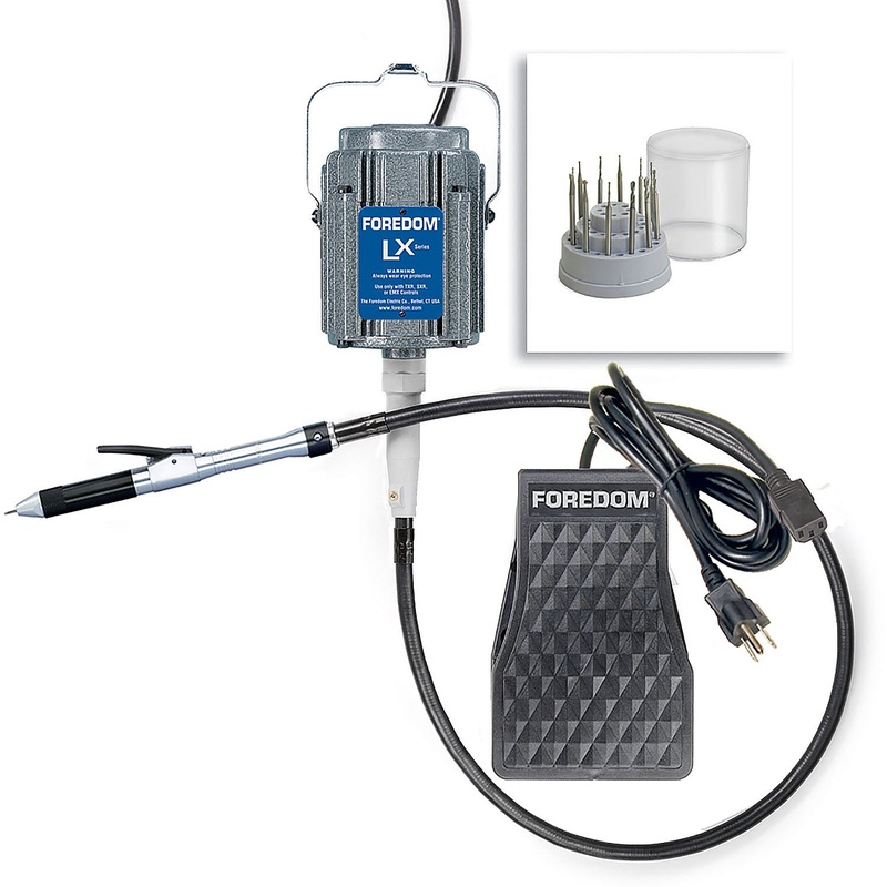 Stone Setting Kit w/ 1/10 hp LX Motor, TXR Plastic Foot Pedal Speed Control, H.18 Quick Change Style Handpiece, & AK90 Accessory Kit, 115v K.2240 – No Motor Hanger